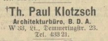 Bildinhalt: Th. Paul Klotzsch, Architekturbro B.D.A, Leipzig W 33, Lindenau, Demmeringstrae 23, Tel. 43321.