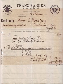 Bildinhalt: Rechnung vom 17. Oktober 1902 an Herrn J. Konetzny, Leipzig-Lindenau, Rauchwaren-Frberei und Zurichterei, von Fa. Franz Sander, Mineraloel-Import, Hamburg, Hafenstrae 85/89, vertreten durch Carl Spormann, Reprsentant der Firma Franz Sander, Mineraloel-Import, Leipzig, Poniatowskystrae 18, fr 1 Barrel Walvoline Extra Cylinderoel Adlermarke, geliefert vom Zentral-Lager Riesa. Quelle: Aus Wikimedia Commons, dem freien Medienarchiv: Sammlung Udo Meinelt & Shne