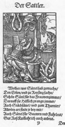 Bildinhalt: Der Sattler. Holzschnitt von Jost Amman im Stndebuch von 1568