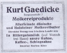 Bildinhalt: Werbeanzeige von 1928 für Kurt Gaedickes Geschäft für Molkereiprodukte in der damaligen Burgauenstraße 7. Quelle: Archiv Gerd Horn