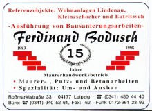 Bildinhalt: Anzeige zum 15jhrigen Betriebsjubilum 1998 von Maurermeister Ferdinand Bodusch, Romarktstrae 33. Quelle: Archiv Gerd Horn