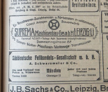 Bildinhalt: Werbeanzeige der Fa. Suprema Maschinenbau-Ges. m.b.H. Leipzig-Lindenau, Demmeringstrae 87, von 1923