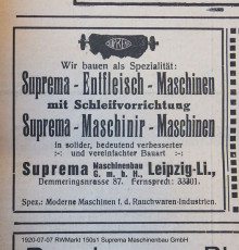 Bildinhalt: Werbeanzeige der Fa. Suprema Maschinenbau GmbH, Leipzig-Lindenau, Demmeringstr. 87, von 1920