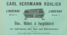 Bildinhalt: Um 1880 befand sich an dieser Stelle, im kleinen Vorgängergebäude Markt 5, die Bau-, Möbel- und Sargtischlerei von Carl Herrmann Rühlich. Reklame-Anzeige von 1880, Quelle: Archiv Gerd Horn