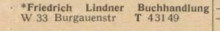 Bildinhalt: Eintrag aus dem Leipziger Adressbuch von 1948: 
Buchhandlung Friedrich Lindner, Burgauenstrae in Leipzig W 33. Archiv Gerd Horn