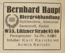 Bildinhalt: Werbe-Anzeige der Biergrohandlung Bernhard Haupt, Leipzig W 33, Ltzner Strae 67/69, im Leipziger Adressbuch von 1949, Sammlung Lindenauer Stadtteilverein e. V.