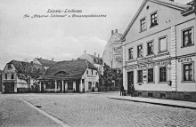 Bildinhalt: Ltzner Strae 1, Restaurant zum hlzernen Schimmel, Wirt Franz Engert, Ausschank der Brauerei F. A. Ulrich, Leipzig