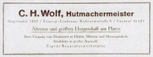 Bildinhalt: Reklame von 1925 von Hutmachermeister C. H. Wolf, Kuhturmstrae 6, Quelle: Archiv Gerd Horn