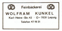 Bildinhalt: Werbung (um 1992) der Bäckerei Kunkel, Karl-Heine-Straße 42. Archiv Gerd Horn
