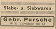 Bildinhalt: Eintrag der Fa. Gebr. Pursche, Leipzig W 33, Calvisiusstraße 13, im Leipziger Adressbuch von 1949. Warengruppe Siebe und Siebwaren. Archiv Gerd Horn