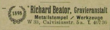 Bildinhalt: Anzeige zur Gravieranstalt/Stempelfabrik Richard Beator, Calvisiusstr. 5a, im Leipziger Adressbuch von 1943