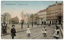Bildinhalt: Ansichtspostkarte vom Lindenauer Markt, ca. 1910. Quelle: Institut für Länderkunde, PKL-Lind073