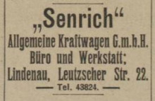 Bildinhalt: Anzeige aus dem Leipziger Adressbuch 1923: Fa. Senrich Allgemeine Kraftwagen G.m.b.H., Bro und Werkstatt, Lindenau, Leutzscher Strae 22. Archiv Gerd Horn