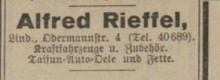 Bildinhalt: Anzeige aus dem Leipziger Adressbuch 1923: Alfred Rieffel, Lindenau, Odermannstr. 4, Kraftfahrzeuge und Zubehr. Archiv Gerd Horn