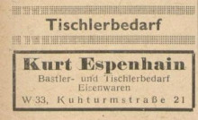 Bildinhalt: Anzeige aus dem Leipziger Adressbuch 1948 in der Sparte Tischlerbedarf: Fa. Kurt Espenhain, Kuhturmstrae 21, Leipzig W 33. Quelle: Archiv Gerd Horn