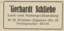 Bildinhalt: Eintrag im Leipziger Adrebuch mit Markkleeberg, Bhlitz-Ehrenberg, Engelsdorf, Mlkau 1949: Gerhardt Schliebe, Lack- und Farbengrohandlung, Leipzig W 33, William-Zipperer-Str. 37