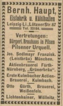Bildinhalt: Leipziger Adressbuch 1918: Werbe-Anzeige der Fa. Bernhard Haupt, Eisfabrik und Khlhallen, Leipzig-Lindenau, Ltzner Strae 67