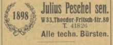Bildinhalt: Anzeige der Brstenmacherei Julius Peschel, Quelle: Leipziger Adrebuch 1939, Archiv Gerd Horn