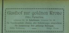 Bildinhalt: Werbeanzeige Gasthof zur goldnen Krone in Lindenau, Ltzener Str. 88. Quelle: Adrebuch fr Lindenau-Plagwitz und Neu-Schleuig 1887