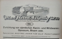 Bildinhalt: Werbeanzeige der Fa. Max Hecht, Rauchwarenzurichterei, Gemeindeamtsstr. 7-9. Quelle: Leipzig. Eine Monatsschrift. Heft 11, IV. Jahrgang, Leipzig April 1928