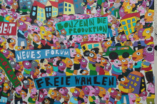 Bildinhalt: Ausschnitt eines Wandbilds zur Erinnerung an die Friedliche Revolution (Foto Frank Vincentz). Der Maler dieses Wandbilds am Leipziger Brhl wohnte 1993/1994 in der Siemeringstrae 12 in Leipzig-Lindenau.