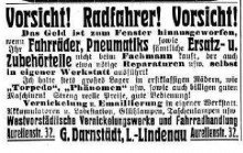 Bildinhalt: Anzeige der Fahrradhandlung Darnstdt, Aurelienstrae 32, aus der Leipziger Volkszeitung/LVZ vom 2. Juni 1911