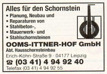 Bildinhalt: Werbe-Anzeige der OOMS-ITTNER-HOF GmbH, Abt. Hausschornsteinbau, Erich-Khn-Str. 9, 04177 Leipzig, aus dem Jahr 1995. Archiv Gerd Horn