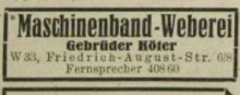 Bildinhalt: Die Maschinenband-Weberei 
Gebrder Kter 
 Leipzig-Lindenau
in der Friedrich-August-Strae 8, 
Leipzig W 33, 
produzierte dehnlose Maschinenbnder fr das graphische Gewerbe und Heftbnder fr Maschinen- und Handheftung.