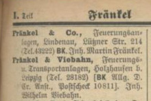 Bildinhalt: Fa. Frnkel & Co., Feuerungsanlagen, Lindenau, Ltzner Strae 214, Inhaber: Martin Frnkel. Quelle: Leipziger Adressbuch 1926