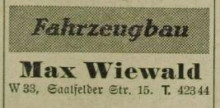 Bildinhalt: Fahrzeugbau Max Wiewald, Saalfelder Str. 15, Anzeige im Leipziger Adressbuch 1943. Quelle: Archiv Gerd Horn