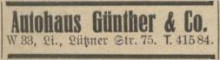Bildinhalt: 1932: Ltzner Str. 75: Autohaus Gnther & Co. Archiv Gerd Horn