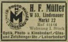 Bildinhalt: Werbeanzeige von Augenoptiker Hans Fritz Mller. Quelle: Adrebuch der Reichsmessestadt Leipzig mit Markkleeberg, Bhlitz-Ehrenberg, Engelsdorf, Mlkau 1943