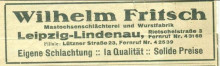 Bildinhalt: Zeitungsanzeige von 1937 der Mastochsenschlchterei und Wurstfabrik von Fleischermeister Wilhelm Fritsch