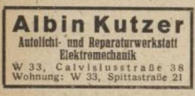 Bildinhalt: Eintrag der Fa. Albin Kutzer, Leipzig W 33, Calvisiusstrae 38, in der Rubrik 