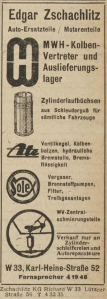 Bildinhalt: Eintrag der Fa. Edgar Zschachlitz, Leipzig W 33, Karl-Heine-Stra�e 52, in der Rubrik 