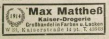 Bildinhalt: Werbung der Kaiser-Drogerie Max Matthe�, Leipzig W 33, Kaiserstra�e 14. Eintrag im Adre�buch der Reichsmessestadt Leipzig mit Markkleeberg, B�hlitz-Ehrenberg, Engelsdorf, M�lkau 1943.